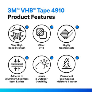 3M 4910 VHB Mounting Tape, Acrylic Foam, Permanent Bonding, Heavy Duty, Clear, 0.5 in x 5 yd, 1 Roll