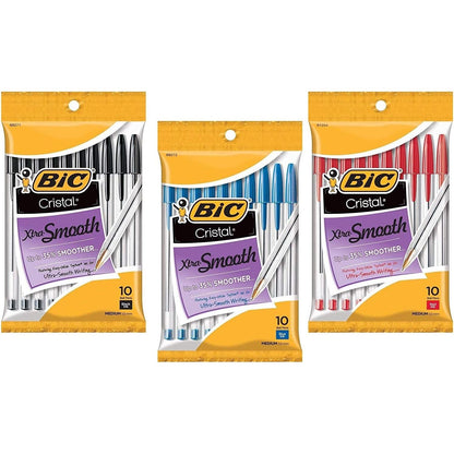 BIC Cristal Xtra Smooth Ball Pen Combo Set: Set Includes 10 Black, 10 Blue, and 10 Red.