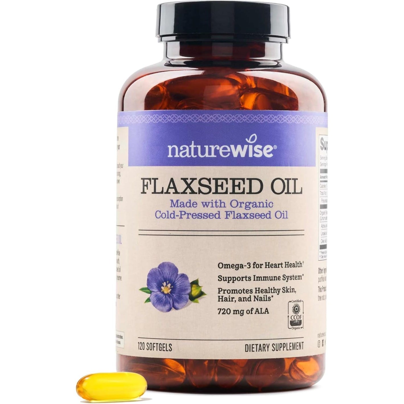 NatureWise Flaxseed Oil 1200 mg, Fish Free Omega 3 6 9 with 720mg ALA, Dietary Supplement for Heart Health Support - Organic, Cold Pressed, Non-GMO - 120 Softgels[4-Month Supply]