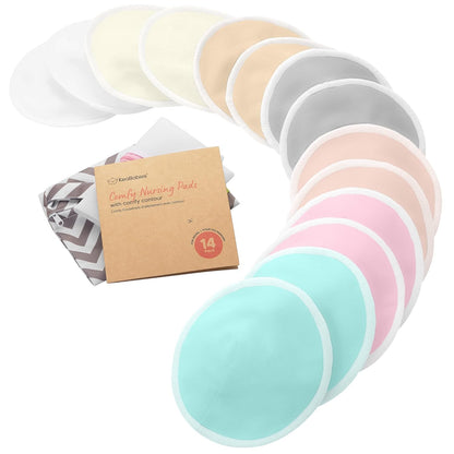 Organic Breast Pads - 14 Viscose Derived from Bamboo Washable Pads + Wash Bag, 3-Layers Breastfeeding Nipple Pad for Maternity, Reusable Nipplecovers for Breast Feeding(Pastel Touch Lite, L 4.8")