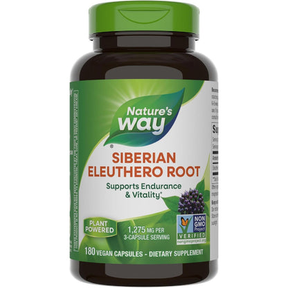 Nature's Way Premium Herbal Siberian Eleuthero Root Supplement, Supports Endurance & Vitality*, Adaptogen*, 1,275mg per 3-Capsule Serving, Non-GMO Project Verified, 180 Capsules (Packaging May Vary)