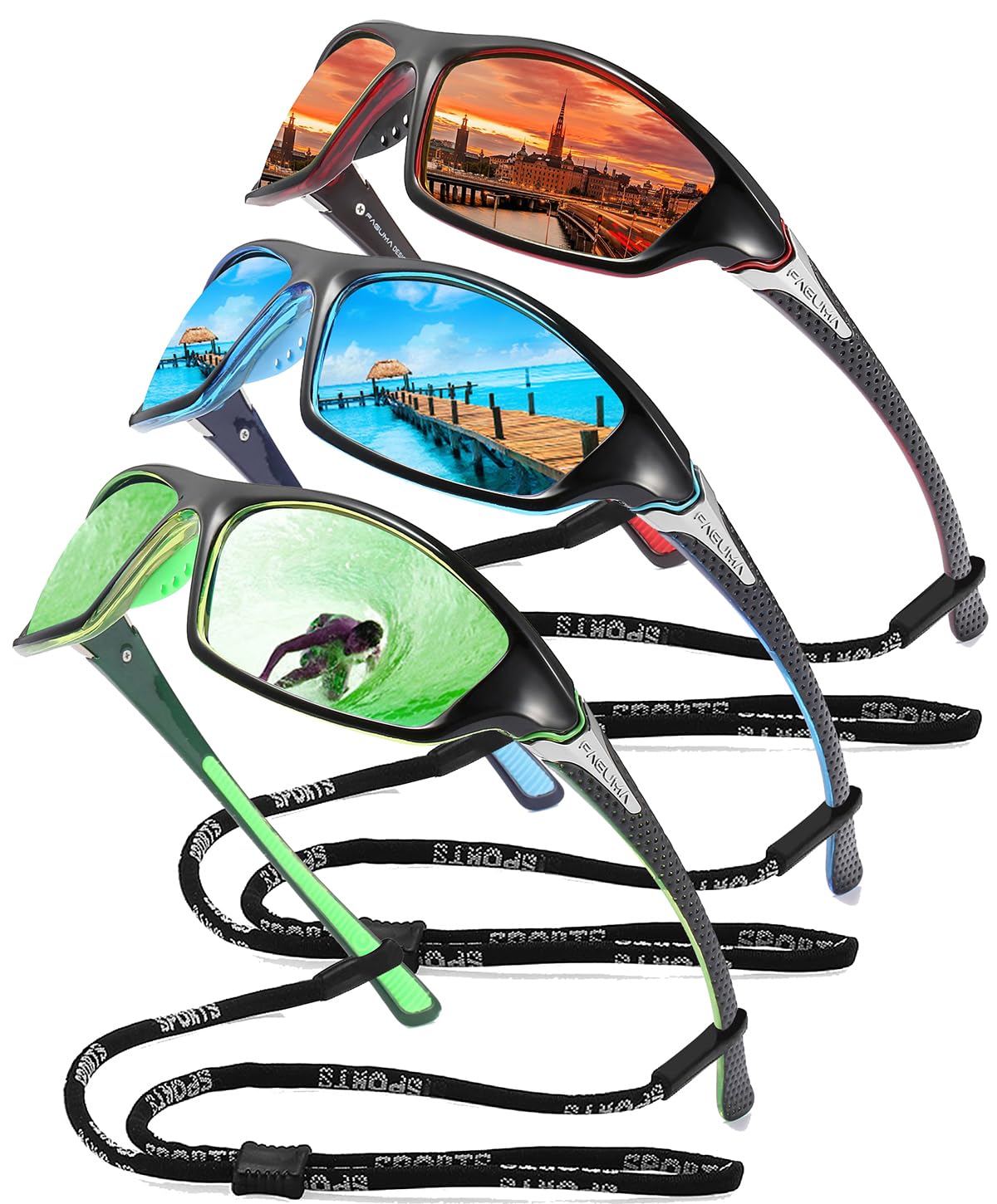 Buy now FAGUMA Sports Polarized Sunglasses For Men Cycling Driving Fishing UV400 Protection 10 Red+blue+green(3 Pack) at indiglob india