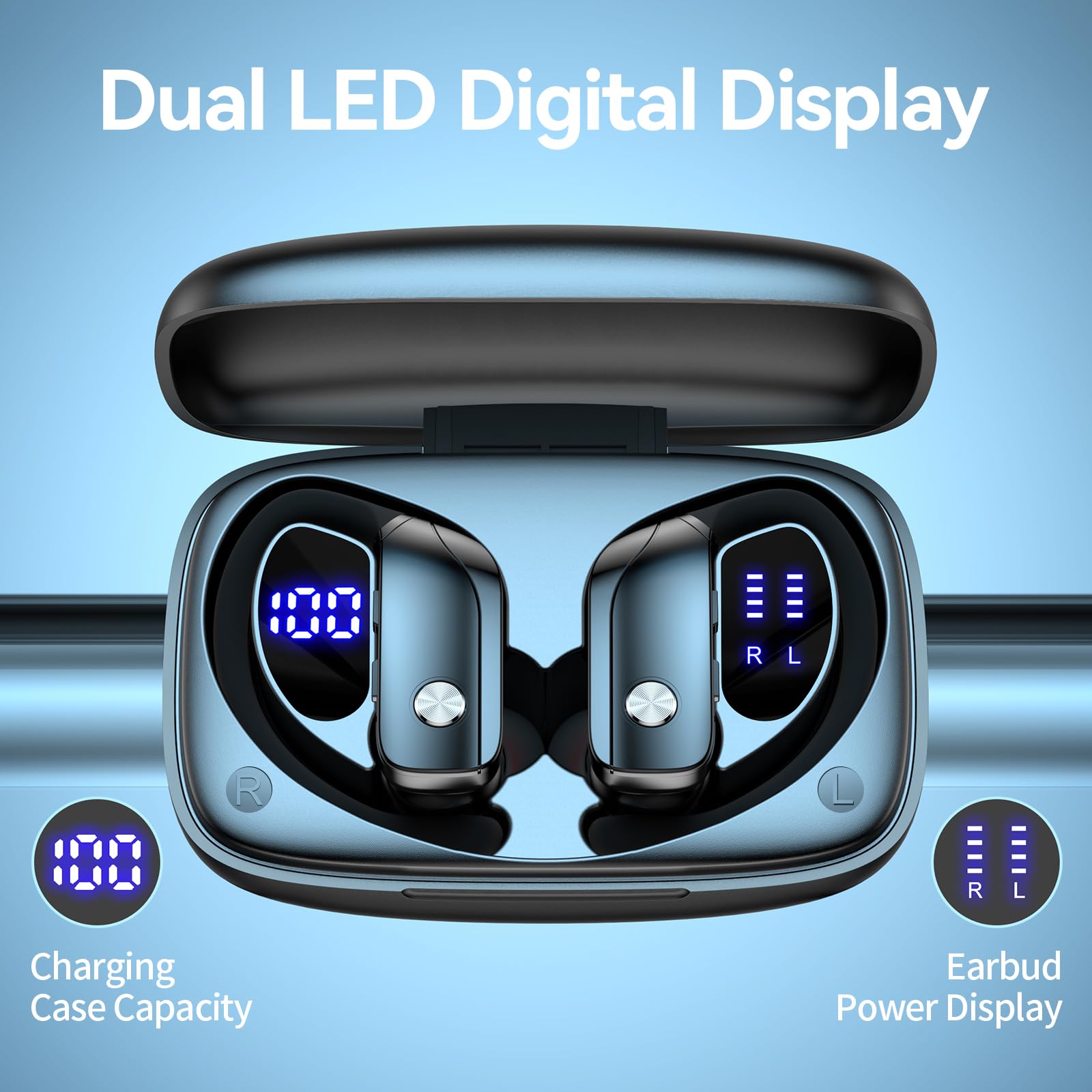 Buy now bmani Ear Buds Wireless Earbuds Bluetooth Headphones with 80H Playtime LED Display Case, Over-Ear Hook with Mic, Stereo Sound, Easy Button Controls, Sports Earphones for Running Workout Gym Black at indiglob india