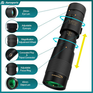 Aurosports 10-30x40 Zoom Monocular for Adults, Monocular Telescope High Power with Bak4 Prism, Compact Monoculars for Bird Watching Traveling Hunting Camping