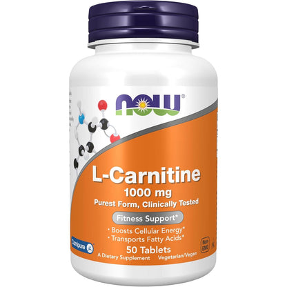 NOW Foods Supplements, L-Carnitine 1,000 mg, Purest Form, Amino Acid, Fitness Support*, 50 Tablets