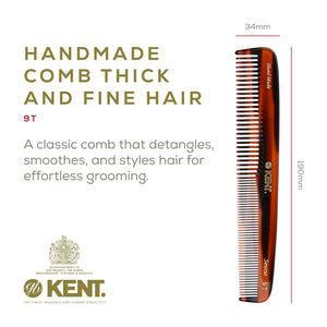 Kent 9T Tortoiseshell Fine Tooth and Wide Tooth Comb - Large Handmade and Saw-Cut Fine Hair Dressing Comb - Wet Hair Detangler Combs for Women and Durable Grooming Made in England