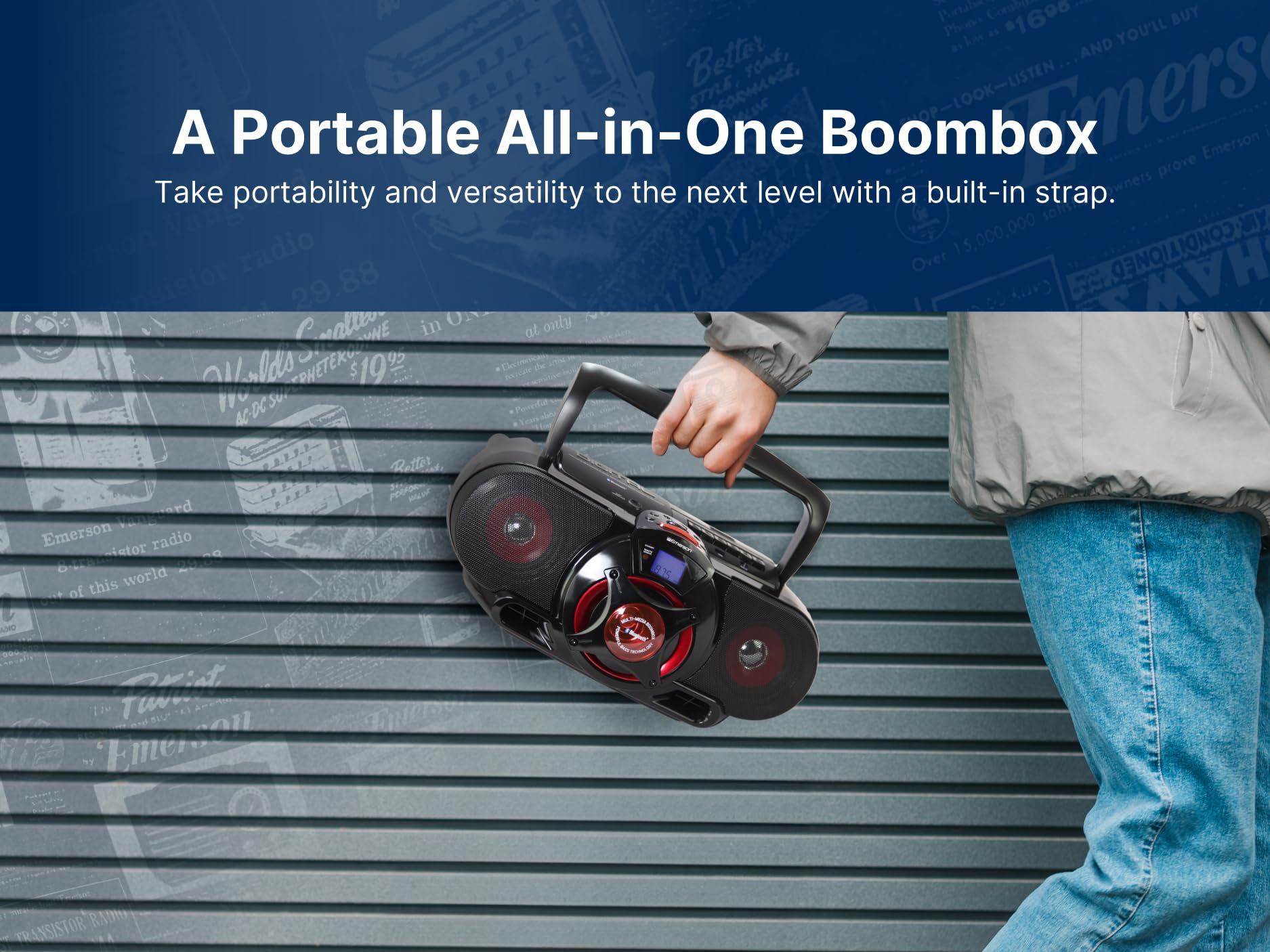 Buy now Emerson EPB-3002 Portable Bluetooth, MP3/CD AM/FM Stereo Radio Cassette Player/Recorder with Subwoofer and USB Input Boombox at indiglob india