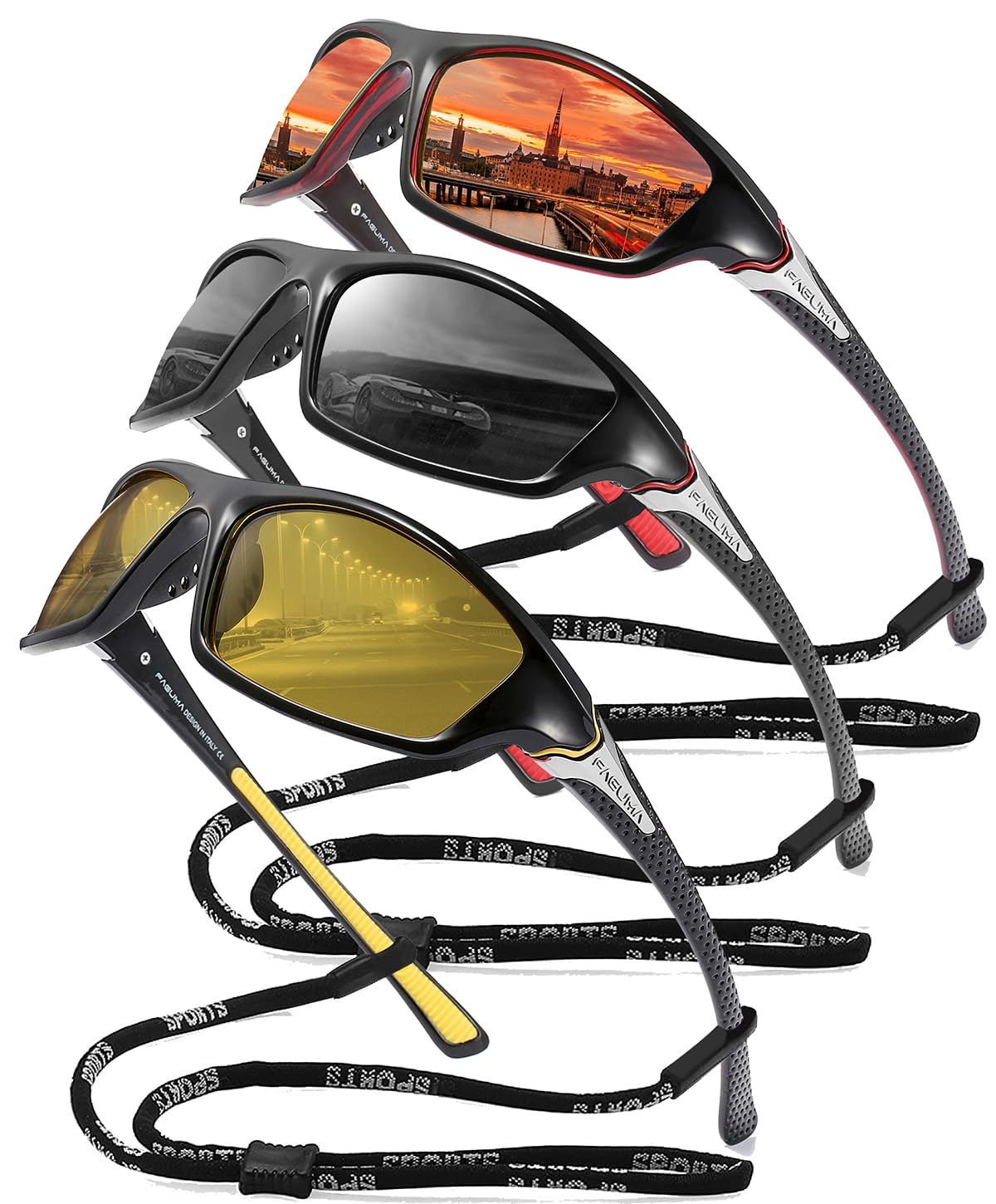 Buy now FAGUMA Sports Polarized Sunglasses For Men Cycling Driving Fishing UV400 Protection 09 Red+black+night Vision(3 Pack) at indiglob india