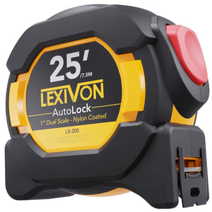 LEXIVON 25Ft/7.5m AutoLock Tape Measure | 1-Inch Wide Blade with Nylon Coating, Matte Finish White & Yellow Dual Sided Rule Print | Ft/Inch/Fractions/Metric (LX-205)
