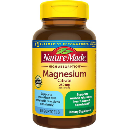 Nature Made Magnesium Citrate 250 mg per serving, Magnesium Supplements for Men and Women, Supports Muscle, Nerve, Bone and Heart, 60 Softgels, 30 Day Supply