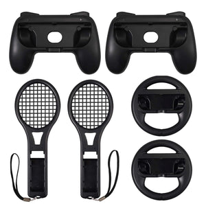 LiNKFOR 3 in 1 Joy-Con Accessories Bundle for Nintendo Switch | Tennis Racket for Mario Tennis Aces Game |Grips Handle for Nintendo Switch Joy-Con | Steering Wheel Accessories Set for Mario Kart