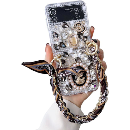 Omio for Samsung Galaxy Z Flip 4 Bling Case with Hand Chain Wrist Strap Bracelet Silk Scarf for Girls Women Sparkle Rhinestone Pearl Crystal Glitter Diamond Shockproof Cover for Galaxy Z Flip 4 Pink