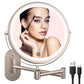 Rechargeable Wall Mounted Lighted Makeup Vanity Mirror 8 inch 1X/10X Magnifying Bathroom Mirror with 3 Color Lights, Double Sided with Dimmable LED Lights, Extended Arm 360° Swivel Extension Mirror