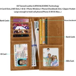 Itslife Men's RFID Vintage Look Genuine Leather Long Bifold Wallet Checkbook Wallets for Men