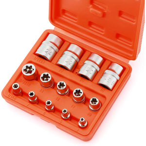 CASOMAN 14 Pieces Female E-TORX Star Socket Set, Female External Star Socket Set, E4 - E24 Torque Socket Set, 1/4"Dr. 3/8"Dr. 1/2"Dr.