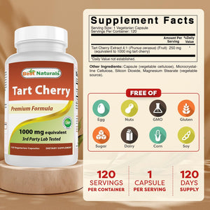 Best Naturals Tart Cherry Extract 1000 mg (Non-GMO) Veggie Capsules - Promotes Healthy Uric Acid Levels Within Normal Range, Healthy Joint Function & Promotes Healthy Sleep Cycle, 120 Count