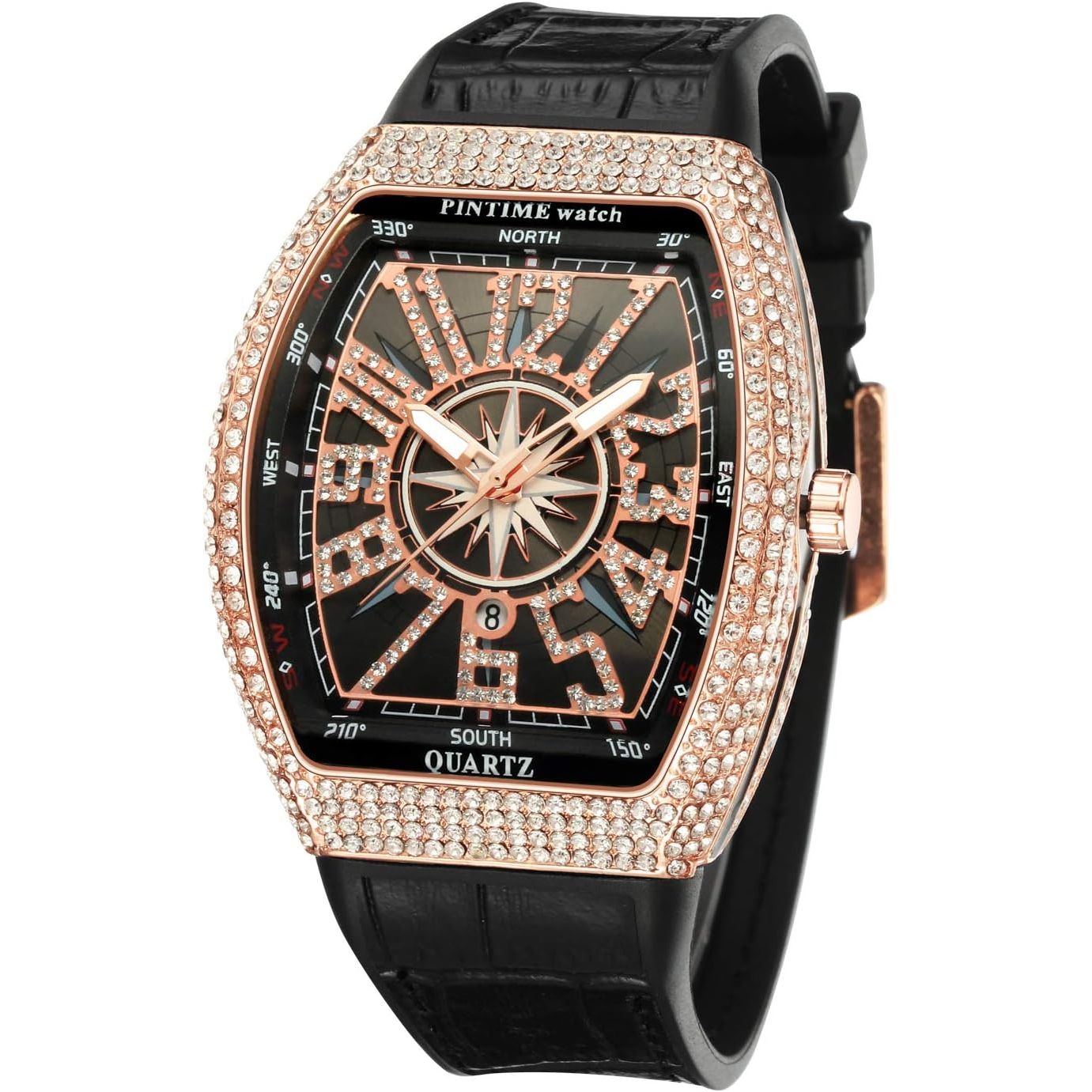 Buy now PINTIME Luxury Men's Crystal Watch Rosegold Tonneau Fashion Bling Iced Out Diamond Watch for Men Hip Hop Rapper, Black Dial Default at indiglob india