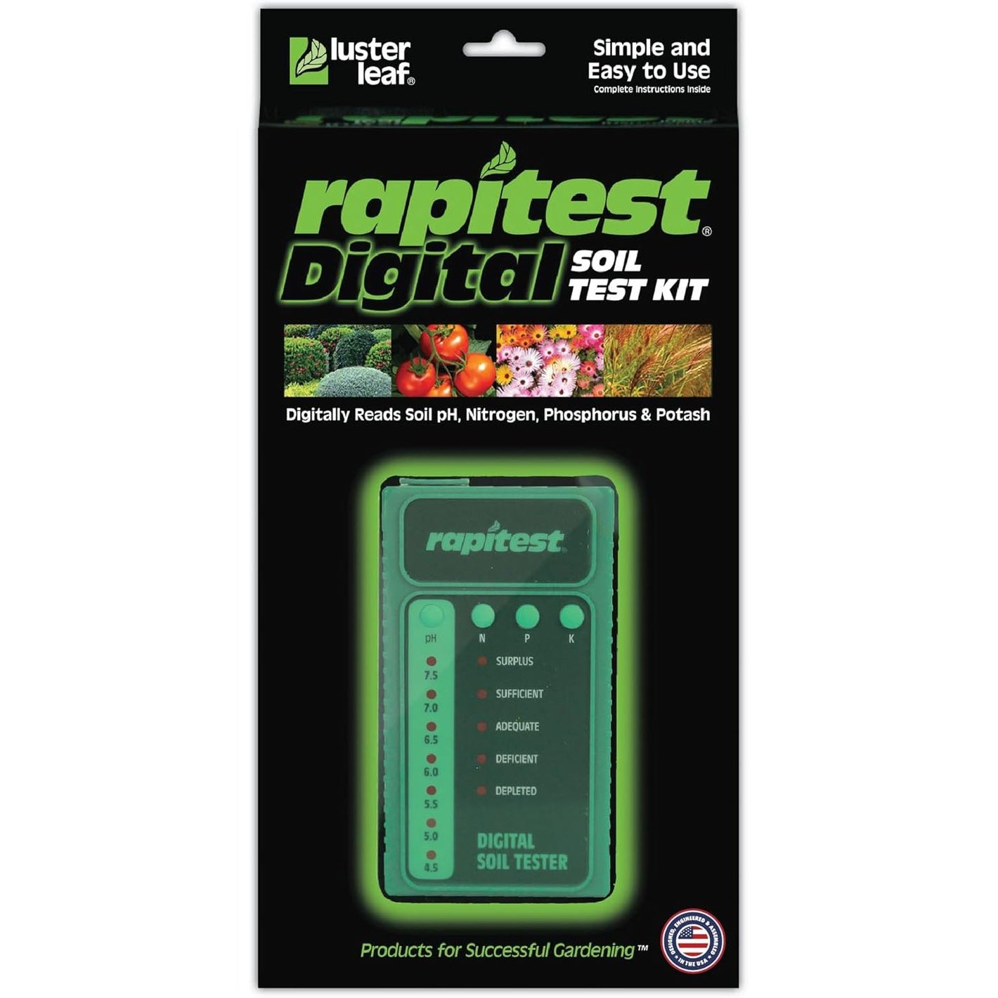 Rapitest Soil Test Kit for Gardens, Vegetables, Flowers and Lawns. USA designed and assembled soil tester completely, quickly and accurately measures/analyzes soil pH acidity and garden nutrients