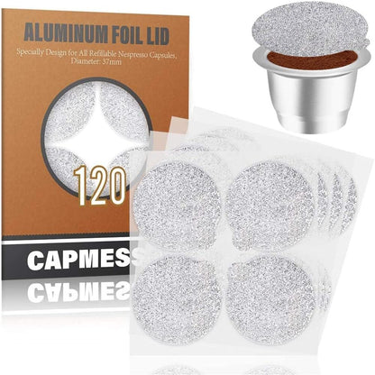 CAPMESSO Reusable Capsules for Nespresso OriginalLine, 6pcs Nespresso Refillable Pods Stainless Steel Coffee Pods Compatible with Nespresso Originaline Machine(6 Pods+100 Lids+ Wood Storage Tray)
