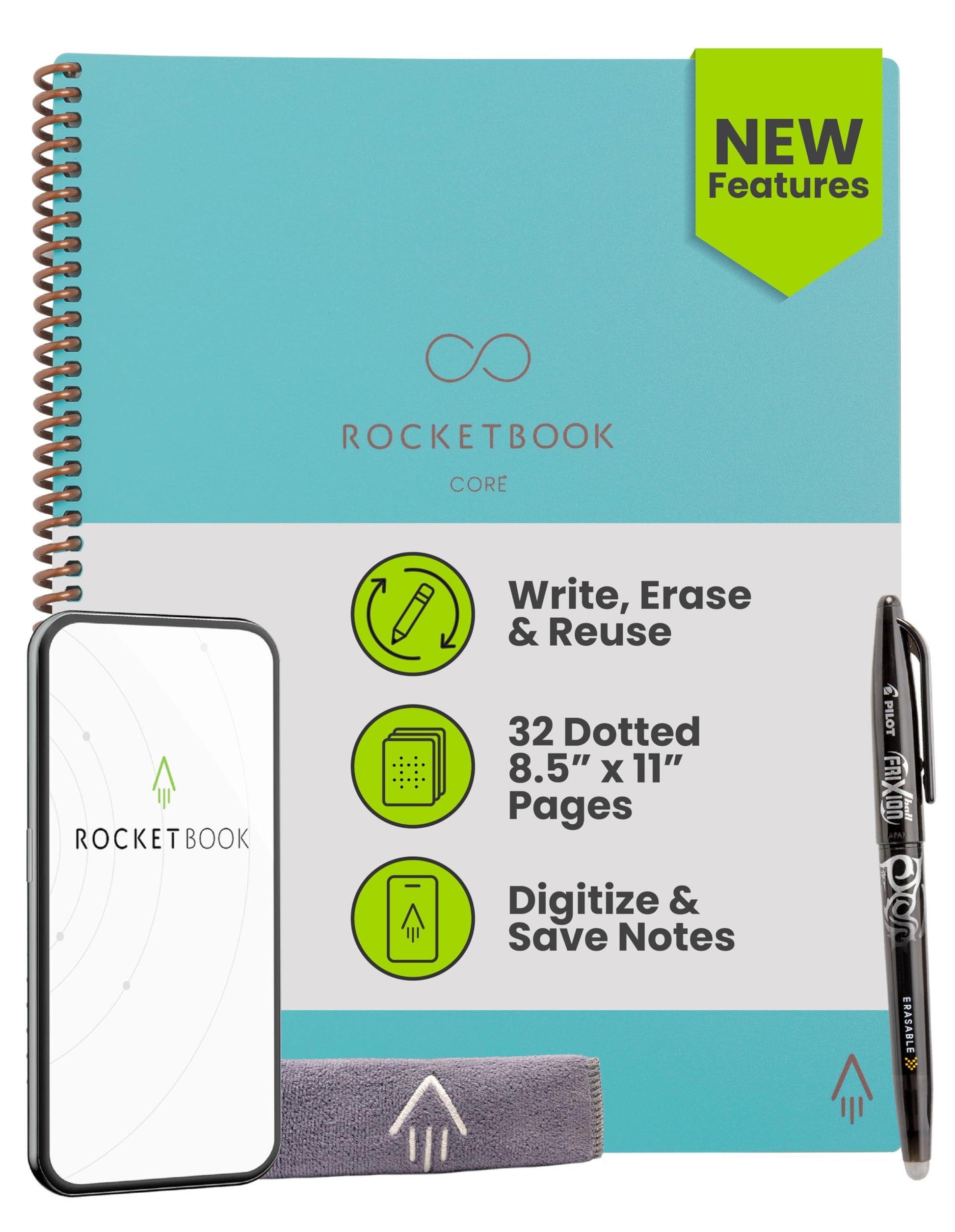 Buy now Rocketbook Core Reusable Spiral Notebook, Letter Size 8.5x11, Black - Dotted Pages, App-Connected, Erasable, Durable Cover, Ideal for School, Work, and Creative Projects at indiglob india