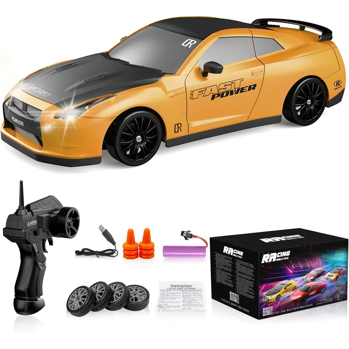 Remote Control Car RC Drift Car 2.4GHz 1:24 Scale 4WD High Speed RC Cars Vehicle with LED Lights Batteries and Drifting Tires Racing Sport Toy Cars for Adults Boys Girls Kids Gift