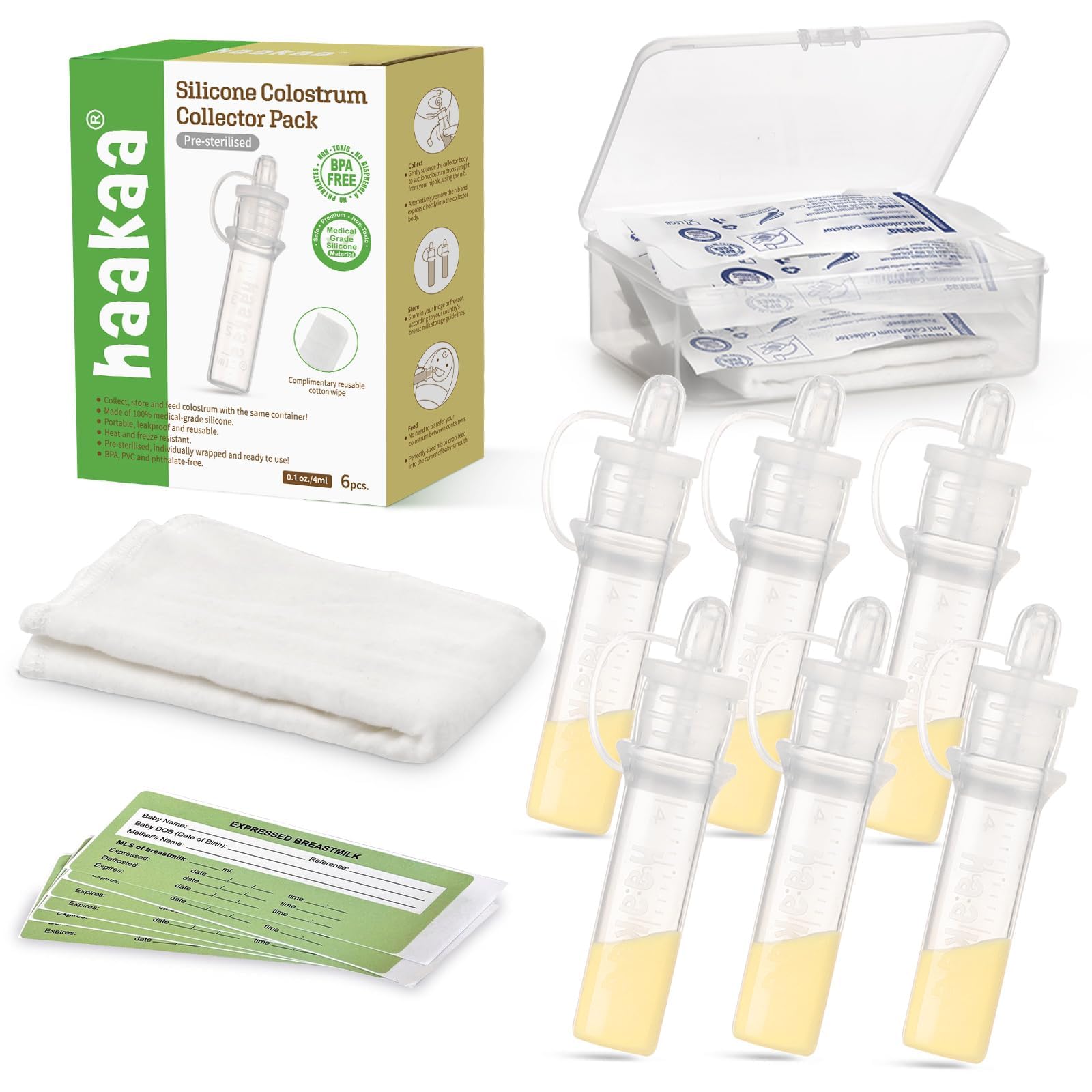 Buy now haakaa Colostrum Collector Kit Breast Milk Collector with Cotton Cloth Wipe and Storage Case, Ready-to-Use, Reusable, 4ml/6pcs 6 Count (Pack of 1) 6 at indiglob india