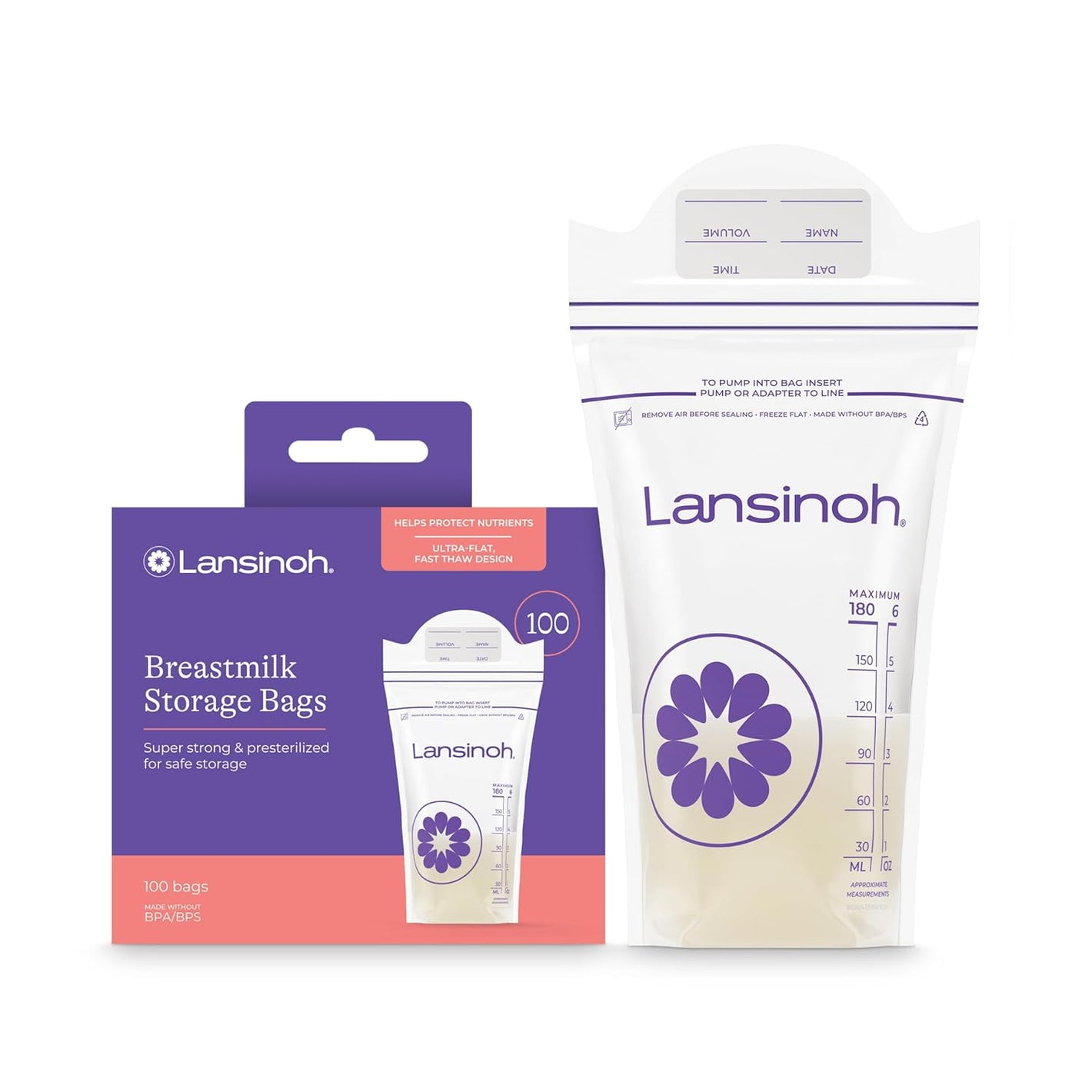 Lansinoh Breastmilk Storage Bags, 100 Count, Baby Essentials, Fast Freeze & Thaw Breast Milk Bags for Baby Bottle Feeding, Superior Strength & Stretch, 6 Ounce