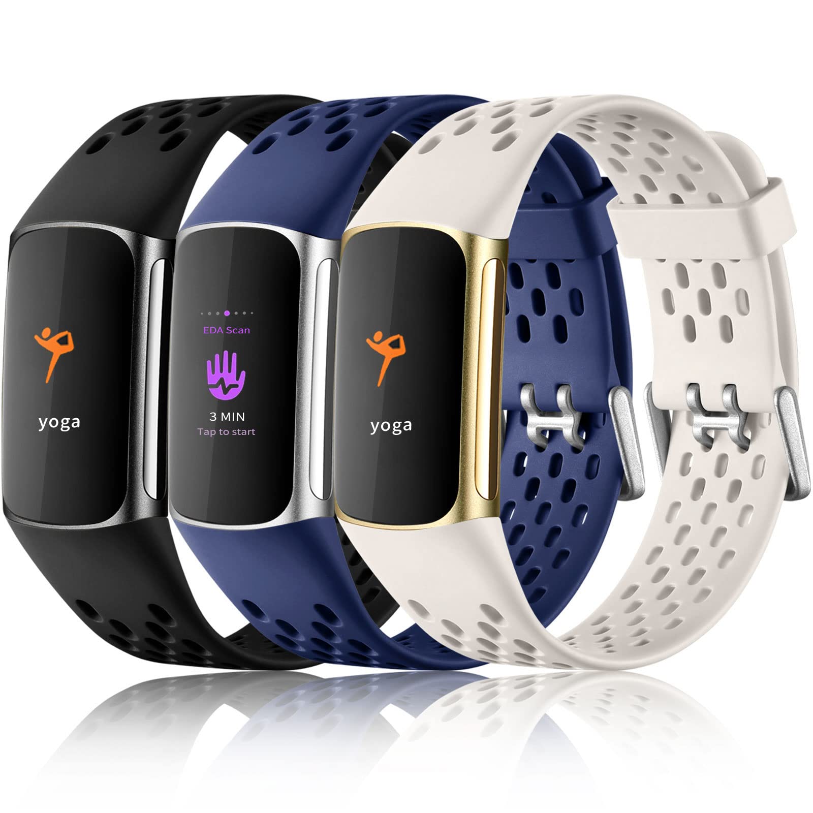 Buy now Maledan Compatible with Fitbit Charge 5/ Fitbit Charge 6 Bands Women Men, Breathable Sport Band Soft Waterproof Replacement Wristbands Strap for Fitbit Charge 5/ Charge 6 Advanced Fitness Tracker Black Navy Blue Lunar White at indiglob india
