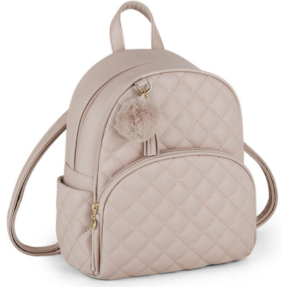 ECOSUSI Mini Backpack for Women Leather Small Backpack Purse for Ladies Cute Pom Bookbag Travel Shoulder Bag with Charm Tassel Beige