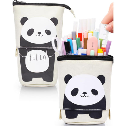 Sooez Standing Pencil Case, Cute Stand up Pencil Pouch, Telescopic Pen Pouch, Portable Pencil Holder, Kawaii Stand up Pencil Case, Spacious Pencil Pouch Bag for School Office Supplies, Beige Panda