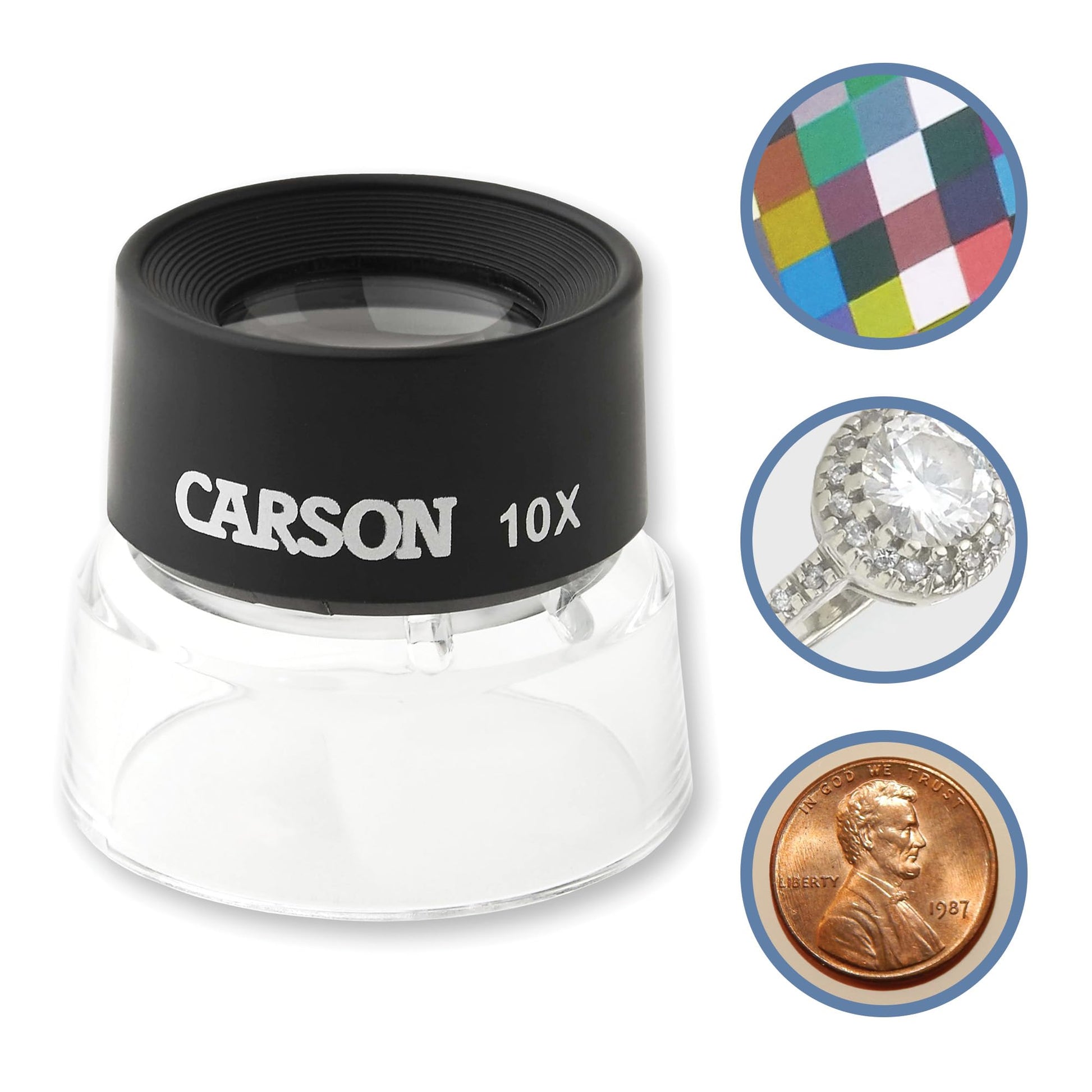 Buy now Carson LumiLoupe 10X Power Black/Clear Stand Magnifier, Ambient Light, 1.0 inch Lens Diameter, 2.0 inch Base Diameter, 2.0 x 1.75 x 2.0 inches, 0.05 kg at indiglob india