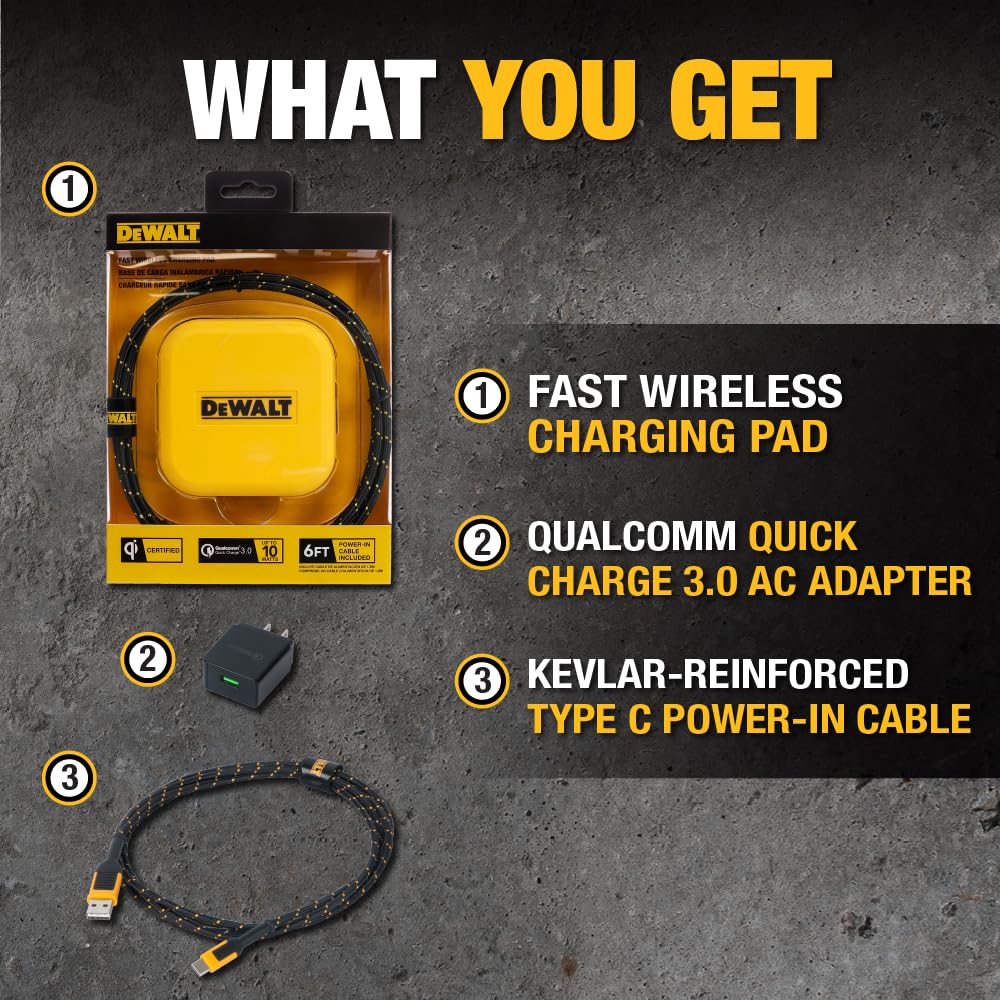 Buy now DEWALT Heavy Duty Wireless Charger, 10W Max Fast Wireless Charging Pad Compatible with iPhone 17/16/15/14/13/12/11/X/8 Pro Max Plus Samsung Galaxy S22/S21 AirPods (Type C Cable/AC Adapter Included) at indiglob india