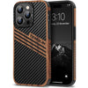 TENDLIN Compatible with iPhone 14 Pro Max Case Wood Grain with Carbon Fiber Texture Design Leather Hybrid Slim Case Black - Three Stripe