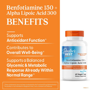 Doctors Best Benfotiamine 150 + Alpha-Lipoic Acid 300 with BenfoPure, Supports Glycemic Balance & Metabolic Response, Non-GMO, Gluten Free, Soy Free, Vegan 60 Veggie Caps