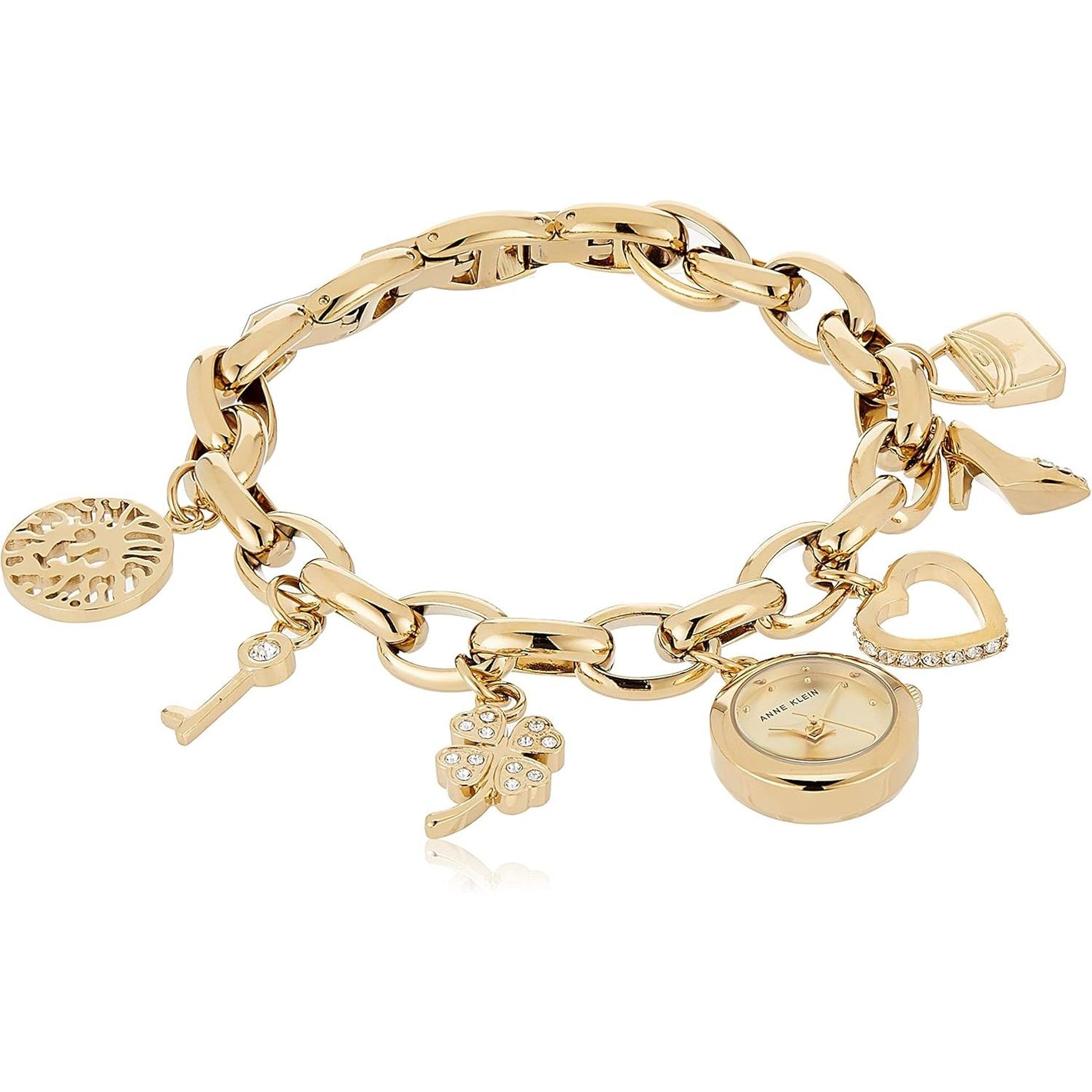 Anne Klein Women's Premium Crystal Accented Gold-Tone Charm Bracelet Watch, 10/7604CHRM