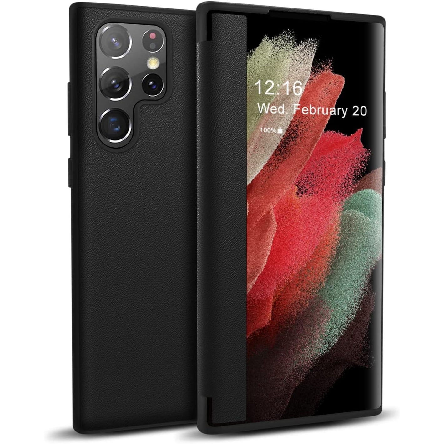 ZUSLAB Flip Case Compatible with Samsung Galaxy S22 Ultra 6.8'' 2022, Fine Leather & Translucent Matte PC Folio Cover with Window View Function, Silicone Case Anti Scratch Shockproof Bumper, Black