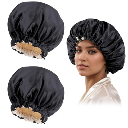 Satin Silk Bonnet for Curly Hair Bonnet Braid Bonnet for Sleeping Bonnets for Women Large Double-Layer Adjustable Black