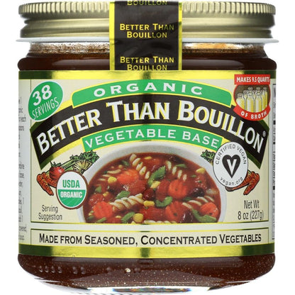 Better Than Bouillon Organic Vegetable Base, Made from Seasoned & Concentrated Vegetables, Organic & Vegan, Makes 9.5 Quarts of Broth, 8 OZ Jar (Pack of 3)