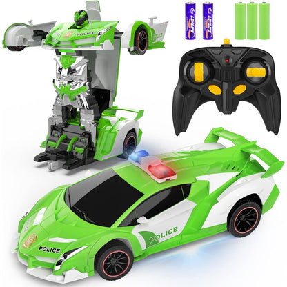 FDJ Remote Control Car - Transform Toys Car Robot, One Button Deformation to Robot with Flashing Light, 2.4Ghz 1:18 Scale Transforming Police Car Kids Toys with 360 Degree Rotating, Girls Boys Toys