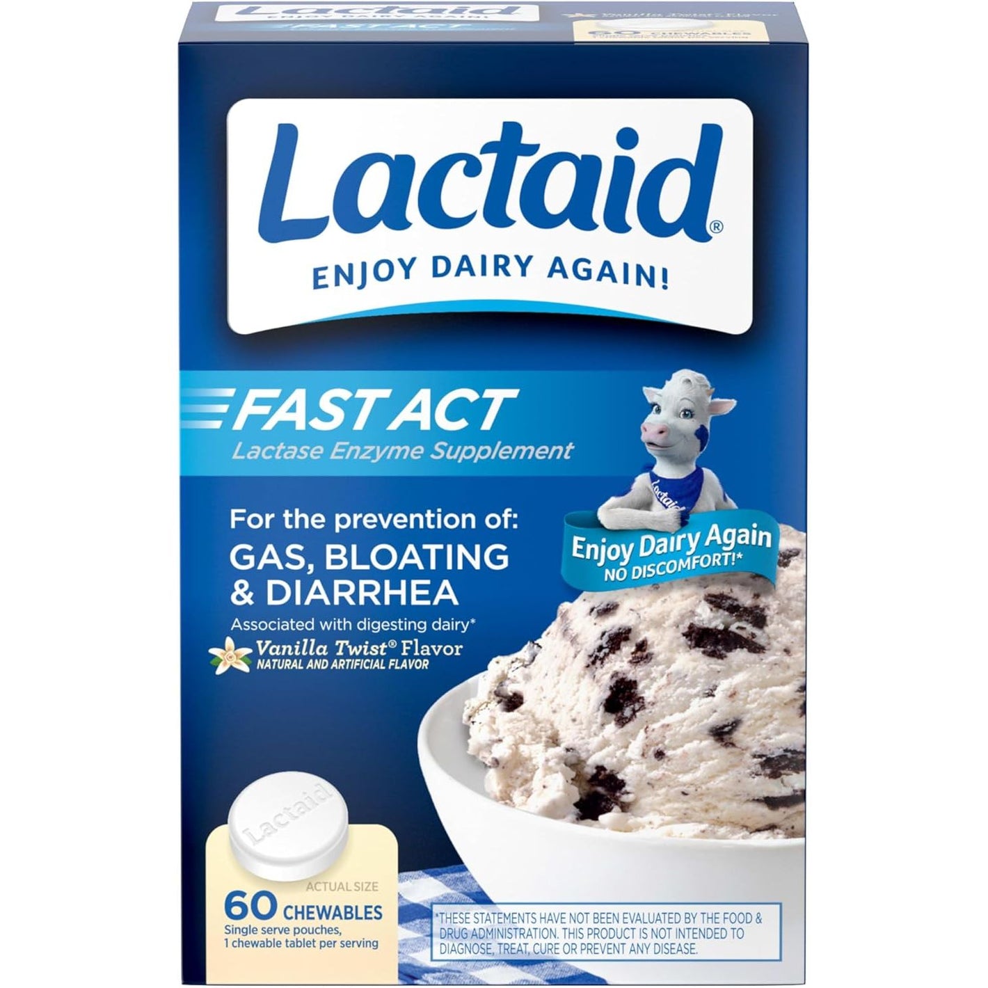 Lactaid Fast Act Lactose Intolerance Relief Chewables with Natural Lactase Enzyme (9000 FCC) to Prevent Gas, Bloating & Diarrhea Due to Lactose Sensitivity, On-The-Go, Vanilla Twist Flavor, 60 x 1 ct