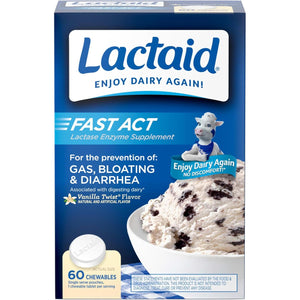 Lactaid Fast Act Lactose Intolerance Relief Chewables with Natural Lactase Enzyme (9000 FCC) to Prevent Gas, Bloating & Diarrhea Due to Lactose Sensitivity, On-The-Go, Vanilla Twist Flavor, 60 x 1 ct