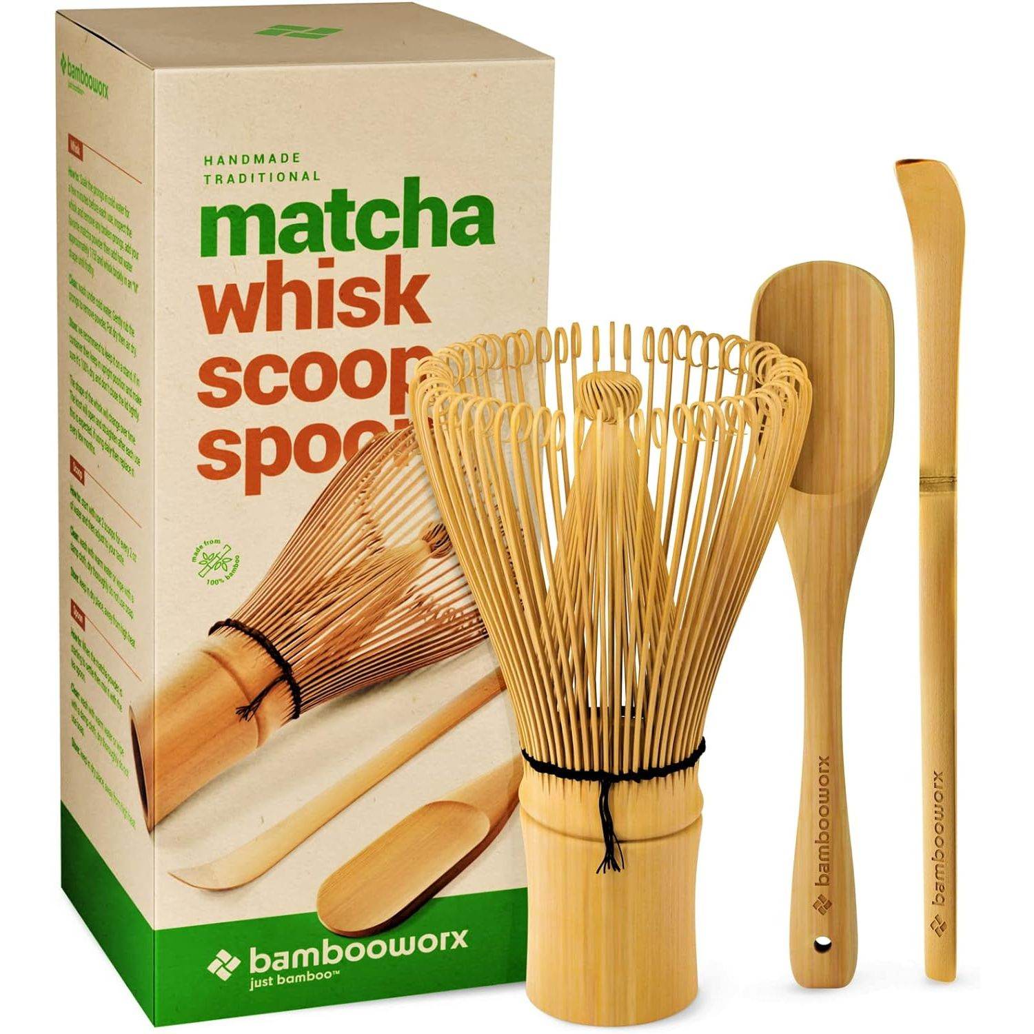 BambooWorx Matcha Whisk Set - (Chasen), Traditional Scoop (Chashaku), Tea Spoon. The Perfect Sets to Prepare a Traditional Cup of Japanese Tea, Handmade from 100% Natural Bamboo - My Store