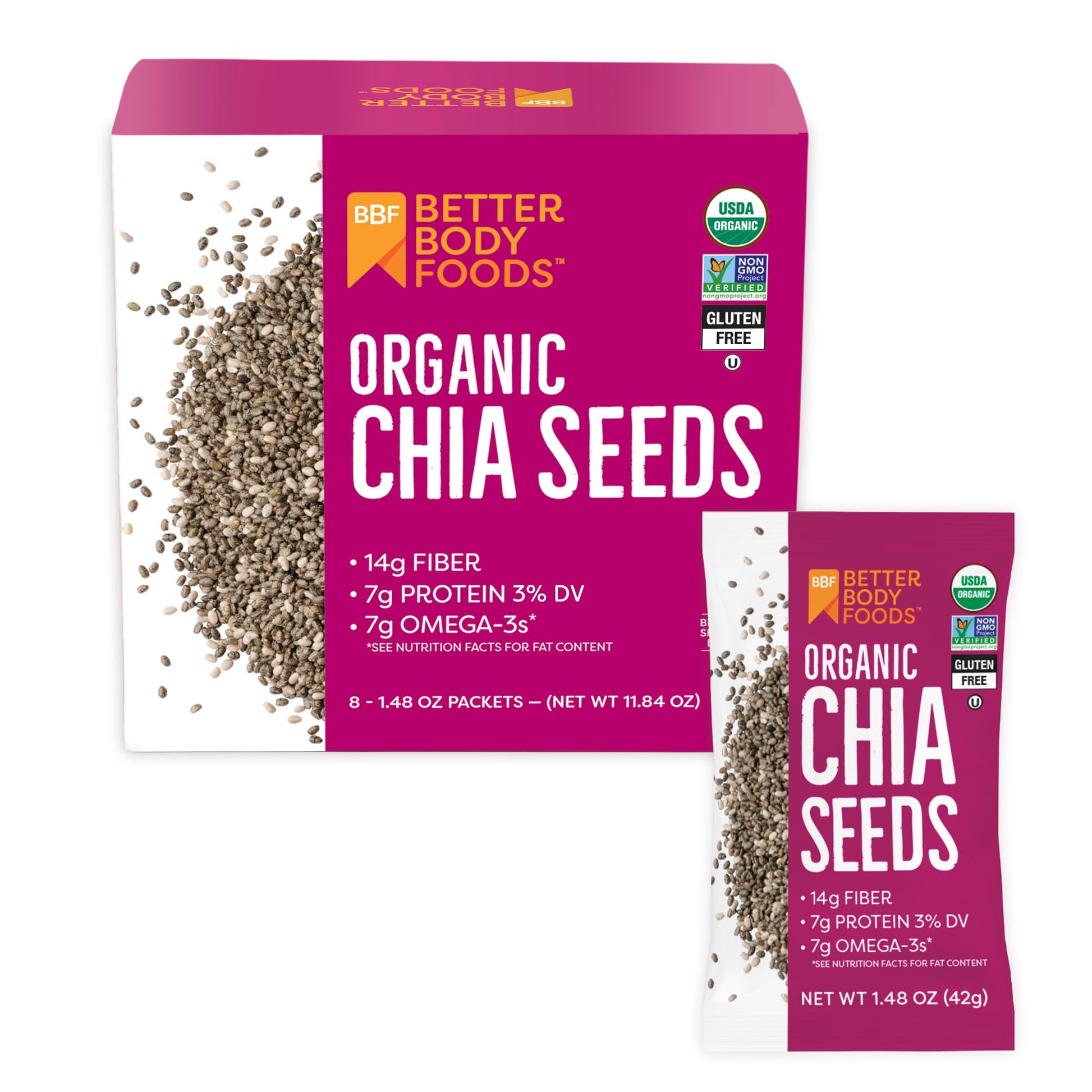 Buy now BetterBody Foods Organic Chia Seeds 2 lbs, 32 Oz, with Omega-3, Non-GMO, Gluten Free, Keto Diet Friendly, Vegan, Good Source of Fiber Chia 1.48 oz (Pack of 24) at indiglob india