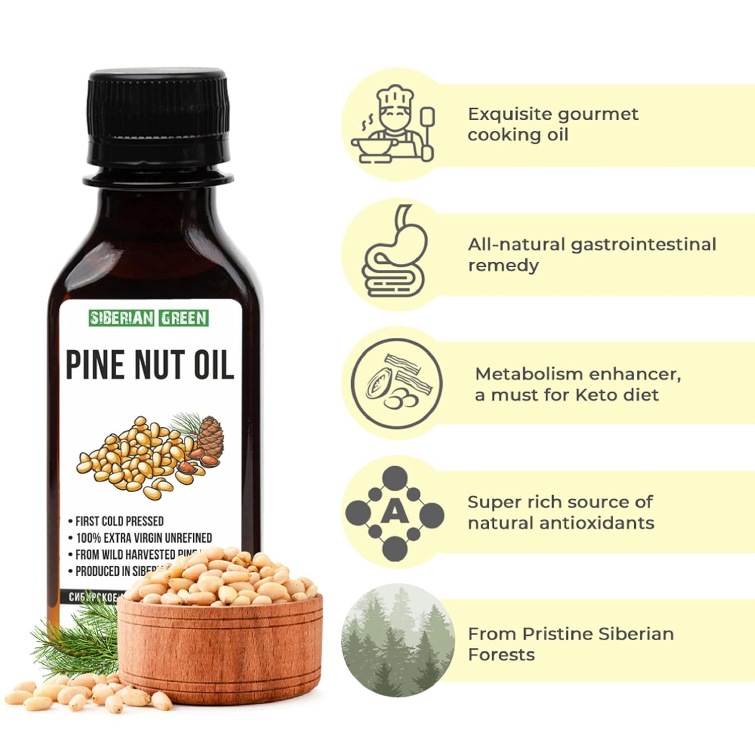Buy now Siberian Pine Nut Oil | 100% Natural Extra Virgin Cold Pressed 100 ml / 3.4 fl oz | Unrefined Raw No-GMO Vegan | Exclusive Healthy Diet Food Grade at indiglob india