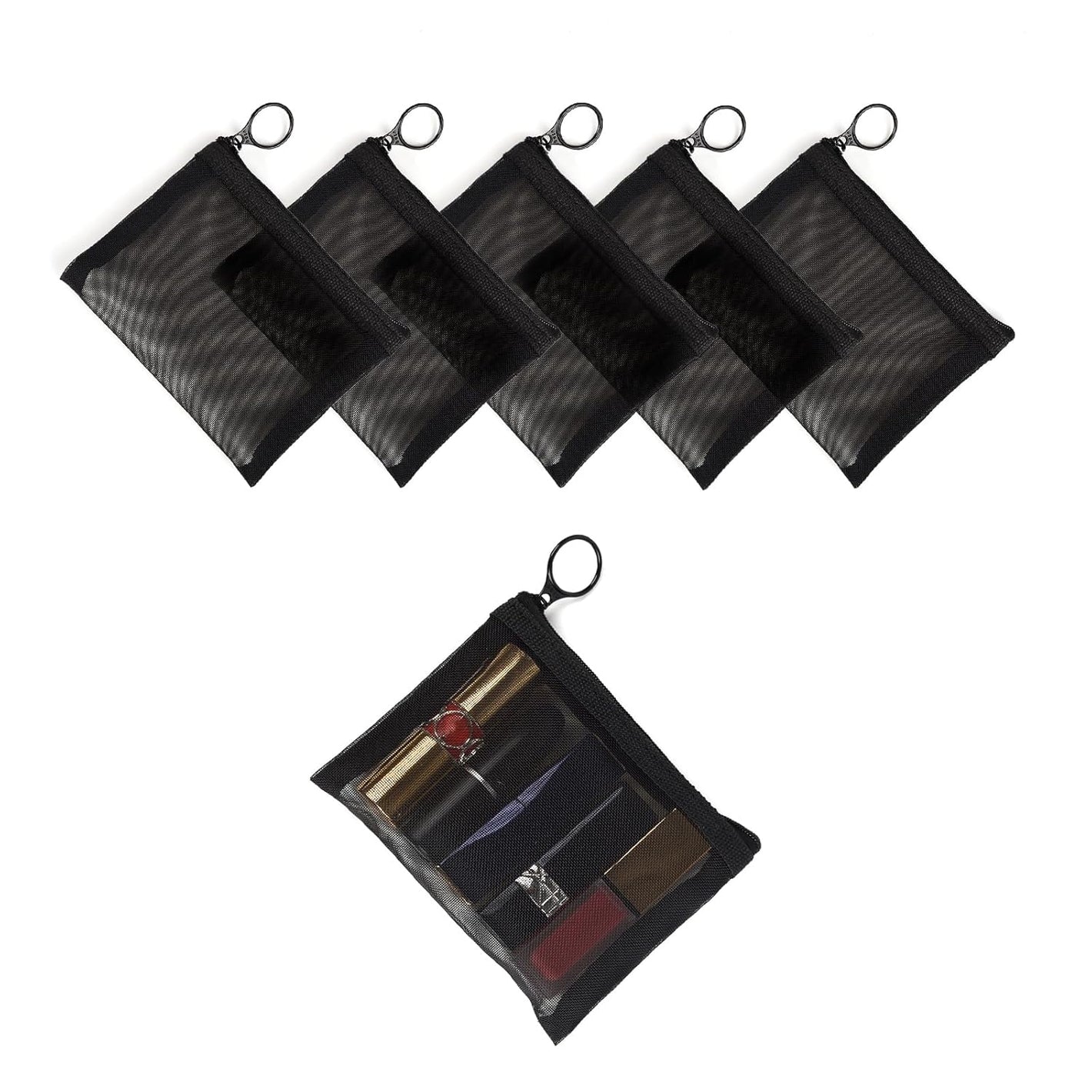 Patu Mini Zipper Mesh Bags, 4" x 5", Size S / A7, 5 Pieces, Beauty Makeup Lipstick Cosmetic Accessories Organizer, Small Travel Kit Storage Pouch, Black