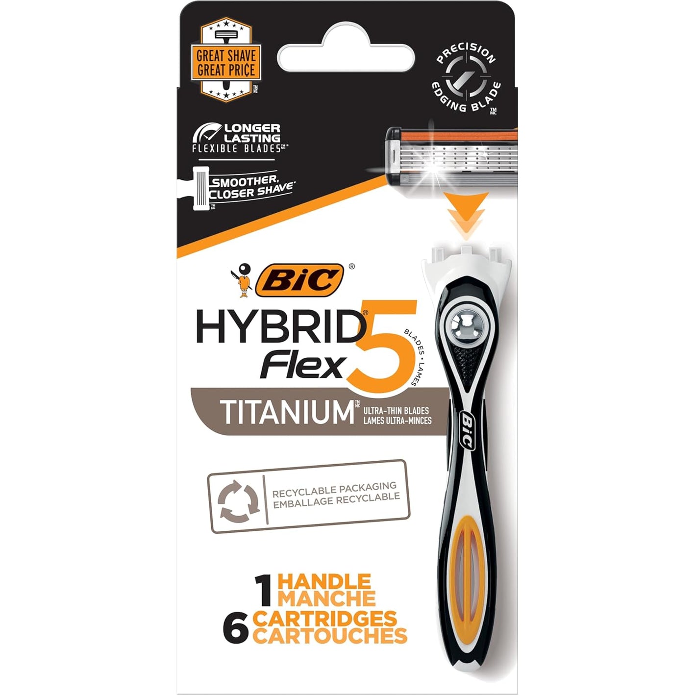 BIC Flex 5 Hybrid Disposable Razors for Men, 1 Handle and 6 Cartridges With 5 Blades, 7 Piece Razor Set for Men