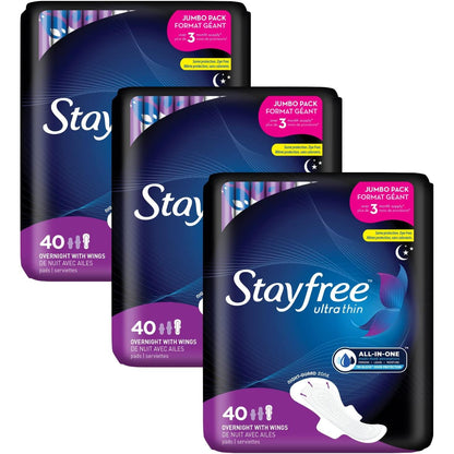 Stayfree Ultra Thin Overnight Pads with Wings, For Women, Reliable Protection and Absorbency of Feminine Moisture, Leaks and Periods, 40 count - Pack of 3
