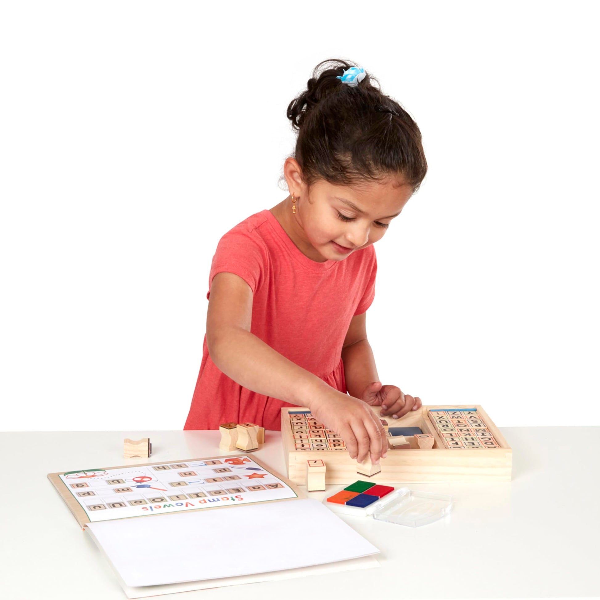 Buy now Melissa & Doug Deluxe Letters and Numbers Wooden Stamp Set ABCs 123s With Activity Book, 4-Color Stamp Pad - FSC Certified at indiglob india