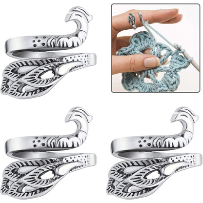 Yolev 3 Pieces Adjustable Knitting Crochet Ring Knitting Accessories Braided Peacock Open Finger Ring Adjustable Braided Ring for Faster Knitting