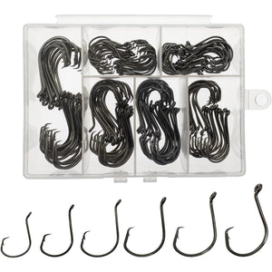 Fish Hooks for Fishing Gear Tackle, 150PCS Circle Hooks Saltwater, 6sizes Fishing Hooks Saltwater, Catfish Octopus Hook 1/0 2/0 3/0 4/0 5/0 6/0 Black High Carbon Steel with Portable Plastic Box